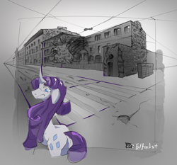 Size: 1334x1245 | Tagged: safe, artist:felfox, imported from derpibooru, rarity, pony, unicorn, horn, partial color, perspective, solo
