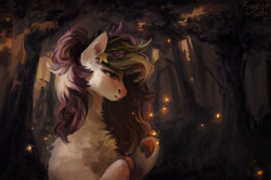 Size: 1280x848 | Tagged: safe, artist:sweettsa1t, imported from derpibooru, oc, oc only, earth pony, firefly (insect), insect, pony, chest fluff, female, flower, flower in hair, forest, hair bun, mare, nature, scenery, solo, tree