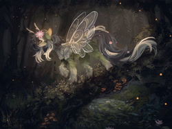 Size: 1280x960 | Tagged: safe, artist:sweettsa1t, imported from derpibooru, oc, oc only, butterfly, butterfly pony, hybrid, pony, antennae, female, flower, flower in hair, fluffy, forest, mare, nature, river, scenery, scenery porn, solo, stream, tree, unshorn fetlocks, water