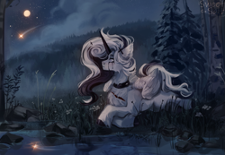 Size: 1365x945 | Tagged: safe, artist:sweettsa1t, imported from derpibooru, oc, oc only, alicorn, pony, alicorn oc, black tears, chest fluff, choker, crying, ear fluff, female, forest, horn, lying down, mare, moon, nature, night, prone, shooting star, solo, stars, tree, unshorn fetlocks, water, wings