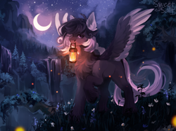 Size: 2217x1662 | Tagged: safe, artist:sweettsa1t, imported from derpibooru, oc, oc only, firefly (insect), insect, pegasus, pony, chest fluff, colored ears, colored wings, commission, crescent moon, ear fluff, female, lantern, mare, moon, mouth hold, night, scenery, solo, spread wings, unshorn fetlocks, water, waterfall, wings
