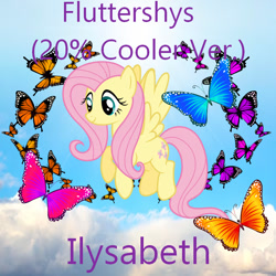 Size: 850x850 | Tagged: safe, artist:ilysabeth, artist:user15432, imported from derpibooru, fluttershy, bee, butterfly, insect, pegasus, pony, album, album cover, blue sky, cloud, flying, smiling, solo, sun