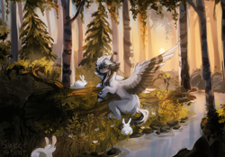 Size: 2298x1603 | Tagged: safe, artist:sweettsa1t, imported from derpibooru, oc, oc only, pegasus, pony, rabbit, animal, chest fluff, ear tufts, forest, nature, river, scenery, solo, spread wings, stream, tree, unshorn fetlocks, water, wings