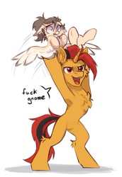 Size: 755x1095 | Tagged: safe, artist:dorkmark, imported from derpibooru, oc, oc only, oc:dima, oc:selest light, pegasus, pony, unicorn, bipedal, chest fluff, colored wings, duo, duo male and female, featureless crotch, female, floppy ears, holding a pony, horn, linux, male, mare, multicolored hair, multicolored tail, multicolored wings, nervous, open mouth, pegasus oc, scared, simple background, speech bubble, stallion, tail, text, throwing, underhoof, unicorn oc, vulgar, white background, wide eyes, wings