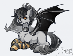 Size: 2193x1680 | Tagged: safe, artist:sweettsa1t, imported from derpibooru, oc, oc only, bat pony, pony, amputee, artificial wings, augmented, cheek fluff, chest fluff, choker, clothes, ear fluff, female, gray background, looking at you, lying down, mare, prone, prosthetic limb, prosthetic wing, prosthetics, simple background, socks, solo, spread wings, striped socks, wings