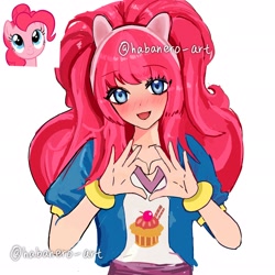 Size: 2048x2048 | Tagged: safe, artist:habanero_art, imported from derpibooru, pinkie pie, human, blushing, headband, heart hands, humanized, looking at you, open mouth, reference used, simple background, smiling, smiling at you, solo, text, white background