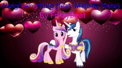 Size: 1280x720 | Tagged: safe, artist:fritzybeat, artist:user15432, imported from derpibooru, princess cadance, shining armor, alicorn, pony, unicorn, neigh anything, animated, female, heart, heart background, hoof on back, horn, link in description, looking at you, male, mare, music, open mouth, open smile, pink background, shiningcadance, shipping, simple background, smiling, smiling at you, sound, sound only, stallion, straight, webm, youtube link