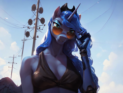 Size: 1536x1152 | Tagged: safe, imported from derpibooru, princess luna, alicorn, anthro, ai content, ai generated, breasts, busty princess luna, clothes, crossover, cybernetic arm, cyberpunk, cyberpunk 2077, female, generator:pony diffusion v6 xl, generator:stable diffusion, prompter:star-dragon, solo, sunglasses