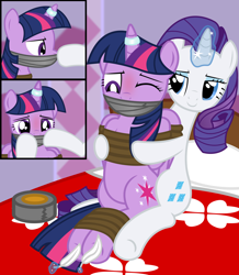 Size: 2000x2292 | Tagged: safe, artist:cardshark777, imported from derpibooru, rarity, twilight sparkle, alicorn, unicorn, 3 panel comic, bed, blushing, bondage, bound and gagged, bound wings, comic, digital art, duct tape, duo, eyeliner, eyeshadow, feather, female, femsub, gag, helpless, hoof on cheek, hoof tickling, hooves behind back, horn, horn ring, jewelry, lidded eyes, looking at someone, looking down, magic suppression, makeup, one eye closed, pillar, pillow, ring, rope, rope bondage, sitting, submissive, tape, tape gag, tickling, tied up, twilight sparkle (alicorn), wings