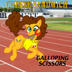 Size: 720x720 | Tagged: safe, artist:zphal, imported from derpibooru, cheese sandwich, album cover, album parody, running with scissors, solo, voice actor joke, weird al yankovic