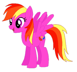Size: 445x411 | Tagged: safe, artist:selenaede, artist:user15432, imported from derpibooru, feathermay, pegasus, pony, base used, generation leap, multicolored mane, multicolored tail, open mouth, open smile, pink coat, purple eyes, recolor, simple background, smiling, solo, tail, transparent background