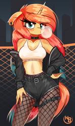 Size: 2258x3813 | Tagged: safe, artist:nevobaster, imported from derpibooru, oc, oc only, oc:sheron, anthro, unicorn, bedroom eyes, belly button, bubblegum, city, clothes, collar, denim, eyeshadow, female, fishnet clothing, fishnets, food, freckles, gum, horn, jacket, jeans, lidded eyes, looking at you, makeup, nail polish, night, pants, piercing, shorts, socks, solo, solo female, stockings, thigh highs