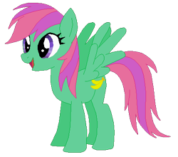 Size: 440x387 | Tagged: safe, artist:selenaede, artist:user15432, imported from derpibooru, banana bliss, pegasus, pony, base used, generation leap, green coat, open mouth, open smile, pink mane, pink tail, recolor, simple background, smiling, solo, tail, transparent background