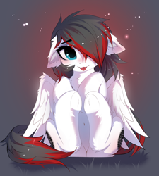 Size: 3386x3755 | Tagged: safe, artist:empress-twilight, imported from derpibooru, oc, oc only, oc:jet blast, pegasus, pony, belly, belly button, blushing, butt, chest fluff, cute, ear fluff, featureless crotch, female, floppy ears, fluffy, hair over one eye, hoof fluff, mare, mlem, multicolored hair, ocbetes, plot, silly, sitting, solo, tongue out, underhoof