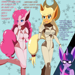 Size: 4000x4000 | Tagged: safe, artist:idpet, imported from derpibooru, part of a set, applejack, pinkie pie, twilight sparkle, anthro, earth pony, unguligrade anthro, unicorn, abstract background, absurd resolution, bodysuit, breasts, clothes, dialogue, eye clipping through hair, female, gendo pose, glasses, gullible, horn, sparkly eyes, wingding eyes