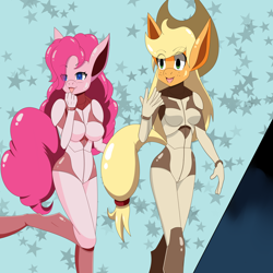 Size: 4000x4000 | Tagged: safe, alternate version, artist:idpet, imported from derpibooru, part of a set, applejack, pinkie pie, anthro, earth pony, unguligrade anthro, abstract background, absurd resolution, bodysuit, breasts, clothes, duo, eye clipping through hair, female, open mouth, sparkly eyes, wingding eyes