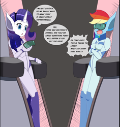 Size: 3400x3600 | Tagged: safe, artist:idpet, imported from derpibooru, part of a set, rainbow dash, rarity, anthro, unguligrade anthro, annoyed, bodysuit, breasts, clothes, dialogue, duo, female, high res, hypnogear, implied twilight sparkle, offscreen character, visor