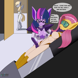 Size: 4000x4000 | Tagged: safe, artist:idpet, imported from derpibooru, part of a set, derpy hooves, fluttershy, twilight sparkle, anthro, pegasus, unguligrade anthro, unicorn, absurd resolution, bodysuit, boob window, breasts, busty twilight sparkle, cleavage, clothes, dialogue, drool, female, glasses, horn, hypnogear, hypnosis, lying down, smiling, smirk, twidom, visor