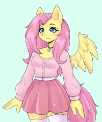 Size: 1500x1800 | Tagged: safe, artist:artkett1412, imported from derpibooru, fluttershy, anthro, pegasus, blue background, blushing, breasts, choker, clothes, cute, female, shirt, shyabetes, simple background, skirt, socks, solo, stockings, thigh highs
