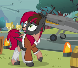 Size: 1290x1130 | Tagged: safe, artist:anonymous, imported from derpibooru, oc, oc only, oc:new roads, bat pony, human, pony, equestria at war mod, /ptfg/, airfield, barrel, bat pony oc, bat wings, battlefield, bomber jacket, bush, clothes, crate, fangs, female, grass, heterochromia, house, human to pony, jacket, jewelry, looking up, mid-transformation, necklace, open mouth, pilot, plane, ponyville, socks, solo, transformation, tree, wings
