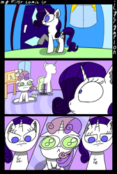 Size: 1082x1608 | Tagged: safe, artist:icycrymelon, imported from derpibooru, rarity, sweetie belle, pony, unicorn, angry, big eyes, comic, crying, duo, female, horn, mannequin, mare, short comic, siblings, sisters, younger