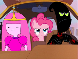 Size: 1440x1080 | Tagged: safe, artist:nathaniel718, imported from derpibooru, pinkie pie, a goofy movie, adventure time, angry, annoyed, car, car interior, cartoon network, crossover, driving, female, goofy movie meme, grumpy, male, mare, meme, nergal, nergal and princess bubblegum, princess bubblegum, the grim adventures of billy and mandy