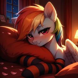 Size: 1536x1536 | Tagged: safe, imported from derpibooru, rainbow dash, pegasus, pony, ai content, ai generated, backlighting, bed, bedroom, bedroom eyes, blushing, close-up, clothes, curtains, cute, dashabetes, ear fluff, eyebrows, eyebrows visible through hair, female, generator:bluefox mix, generator:stable diffusion, hug, indoors, intimate, lamp, looking at you, mare, night, night sky, on bed, partially open wings, petals, photo frame, pillow, pillow hug, potted plant, prompter:tyto4tme4l, romantic, seductive look, sky, smiling, smiling at you, socks, solo, striped socks, upper body, window, wing fluff, wings