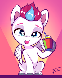 Size: 2160x2700 | Tagged: safe, artist:tyleks, imported from derpibooru, zipp storm, pegasus, pony, chibi, cute, drink, female, g5, hoof hold, hooves, human shoulders, magnetic hooves, mare, signature, simple background, small wings, smiling, smoothie, solo, stylized, wings