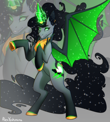 Size: 1080x1200 | Tagged: safe, artist:alexyoshirama, imported from derpibooru, oc, oc only, bat pony, pony, bipedal, commission, full body, glowing, glowing horn, horn, rearing, solo, zoom layer