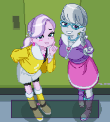 Size: 2000x2210 | Tagged: safe, artist:gonicfanfic, imported from derpibooru, diamond tiara, silver spoon, human, equestria girls, animated, breasts, busty silver spoon, cute, diamondbetes, duo, duo female, female, gif, korean, pixel art
