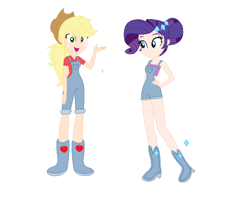 Size: 840x688 | Tagged: safe, artist:frankta1, artist:selenaede, imported from derpibooru, applejack, rarity, human, alternate hairstyle, applejack's hat, base used, boots, clothes, cowboy hat, duo, eyeshadow, female, freckles, hat, high heel boots, humanized, lesbian, makeup, open mouth, overalls, rarijack, shipping, shirt, shoes, simple background, t-shirt, white background