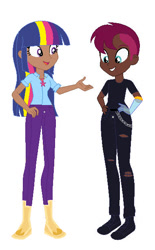 Size: 380x614 | Tagged: safe, artist:frankta1, artist:selenaede, imported from derpibooru, tempest shadow, twilight sparkle, human, alternate hairstyle, amputee, base used, boots, clothes, dark skin, duo, duo female, female, grin, humanized, jeans, jewelry, lesbian, necklace, open mouth, pants, prosthetic arm, prosthetic limb, prosthetics, ripped jeans, ripped pants, shipping, shirt, shoes, simple background, smiling, t-shirt, tempestlight, torn clothes, white background