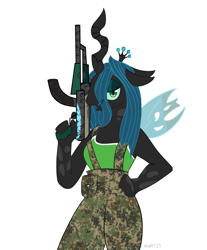 Size: 2361x2857 | Tagged: safe, artist:walt121, imported from derpibooru, queen chrysalis, ak-47, antagonist, armor, army, assault rifle, female, gun, mare, nature, rifle, sexy, villainess, war, weapon