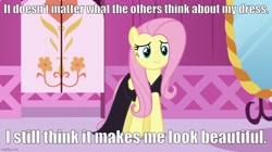 Size: 888x499 | Tagged: safe, edit, edited screencap, imported from derpibooru, screencap, fluttershy, pony, scare master, caption, carousel boutique, clothes, dress, image macro, imgflip, solo, text
