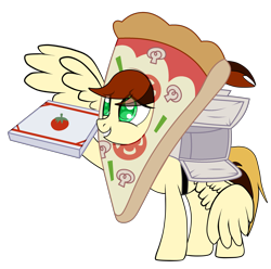 Size: 2524x2500 | Tagged: safe, artist:yesic01, imported from derpibooru, oc, oc only, oc:toffie, pegasus, pony, base used, clothes, commission, costume, female, food, food costume, grin, mare, mascot costume, pizza, pizza box, pizza costume, raised hoof, simple background, smiling, solo, transparent background, wingless, ych result
