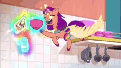 Size: 1280x720 | Tagged: safe, imported from derpibooru, screencap, izzy moonbow, sunny starscout, alicorn, pony, unicorn, spoiler:g5, spoiler:my little pony: tell your tale, spoiler:tyts02e00, absurd file size, absurd gif size, animated, artificial horn, artificial wings, augmented, bags under eyes, cereal, fail, food, g5, gif, horn, magic, magic horn, magic wings, milk, my little pony: tell your tale, race swap, señor butterscotch, slow motion, spoon, sunnycorn, telekinesis, the blockywockys, tired, wings