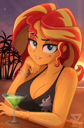 Size: 1994x3038 | Tagged: safe, artist:theretroart88, imported from derpibooru, sunset shimmer, human, equestria girls, beach, beauty mark, bedroom eyes, bikini, bikini top, bracelet, breasts, cleavage, clothes, glass, jewelry, looking at you, palm tree, swimsuit, tree
