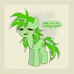 Size: 2256x2253 | Tagged: safe, artist:syrupyyy, imported from derpibooru, oc, oc only, oc:stoney poney, earth pony, pony, beige background, blushing, dialogue, drugs, earth pony oc, female, green coat, high, high res, lidded eyes, long mane, long tail, mare, messy mane, messy tail, open mouth, open smile, passepartout, pink sclera, simple background, smiling, solo, speech bubble, standing, stoned, tail, talking, text, two toned mane, two toned tail