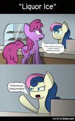 Size: 4120x6682 | Tagged: safe, artist:japkozjad, imported from derpibooru, berry punch, berryshine, bon bon, sweetie drops, earth pony, pony, angry, candy, candy shop, cash register, commission, confused, dialogue, donut, food, licorice, lollipop, vulgar