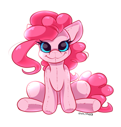 Size: 1947x2038 | Tagged: safe, artist:yuris, imported from derpibooru, pinkie pie, earth pony, original species, plush pony, pony, female, looking at you, plushie, simple background, sitting, smiling, smiling at you, solo, toy, white background