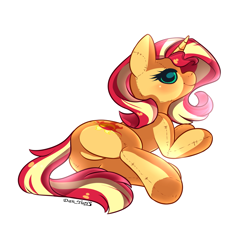 Size: 1947x2038 | Tagged: safe, artist:yuris, imported from derpibooru, sunset shimmer, original species, plush pony, pony, unicorn, female, horn, lies, plushie, simple background, smiling, solo, toy, white background