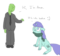 Size: 649x597 | Tagged: safe, anonymous artist, artist:anonymous, imported from derpibooru, oc, oc only, oc:anon, oc:ice breaker, pony, unicorn, 4chan, awkward, awkward moment, awkward smile, blue skin, clothes, duo, duo male and female, emoticon, female, green skin, horn, looking at each other, looking at someone, male, necktie, purple mane, purple tail, scarf, simple background, sitting, smiley face, smiling, speech bubble, suit, tail, tuxedo, unshorn fetlocks, white background