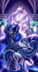 Size: 1599x3000 | Tagged: safe, artist:starcasteclipse, imported from derpibooru, princess luna, sonata dusk, alicorn, earth pony, pony, duo, floppy ears, folded wings, height difference, long mane, long tail, looking at each other, looking at someone, sternocleidomastoid, tail, wings