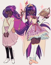 Size: 2400x3072 | Tagged: safe, artist:erinartista, imported from derpibooru, twilight sparkle, human, bag, book, clothes, crown, dark skin, dress, ear piercing, earring, female, flats, glasses, humanized, jewelry, magic, magical girl, magical girl transformation, piercing, regalia, shirt, shoes, simple background, skirt, sneakers, socks, solo, staff, stockings, sweater, thigh highs, white background