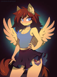 Size: 2970x4000 | Tagged: safe, artist:kirionek, imported from derpibooru, oc, oc only, oc:lucy sparkle, anthro, pegasus, :3, adorasexy, big breasts, blue eyes, blushing, breasts, brown mane, cheek fluff, choker, cleavage, clothes, commission, cute, ear fluff, elbow fluff, eye clipping through hair, eyelashes, gradient background, hand on hip, midriff, miniskirt, no pupils, pleated skirt, pose, proprietary image, sexy, short shirt, shoulder fluff, skirt, smiling, solo, spread wings, tanktop, thighs, wings, yellow coat