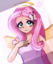 Size: 1080x1300 | Tagged: safe, artist:pulse, imported from derpibooru, fluttershy, human, equestria girls, butterfly hairpin, clothes, cute, female, halo, hand on chest, humanized, looking at you, shyabetes, simple background, solo, tanktop, white background, winged humanization, wings