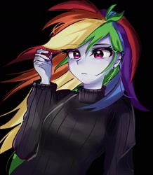 Size: 1380x1580 | Tagged: safe, artist:pulse, imported from derpibooru, rainbow dash, human, equestria girls, black background, clothes, female, simple background, solo, sweater, turtleneck, turtleneck sweater