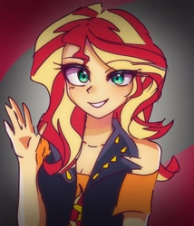 Size: 1440x1684 | Tagged: safe, artist:pulse, imported from derpibooru, sunset shimmer, human, equestria girls, bare shoulders, breasts, cleavage, cute, eye clipping through hair, female, grin, looking at you, shimmerbetes, smiling, solo, waving