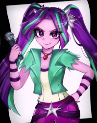 Size: 1708x2157 | Tagged: safe, artist:pulse, imported from derpibooru, aria blaze, human, equestria girls, breasts, cleavage, female, gem, hand on hip, microphone, pigtails, siren gem, solo, twintails