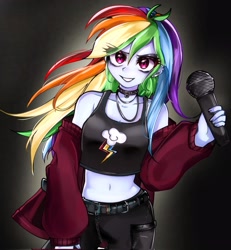Size: 1889x2048 | Tagged: safe, artist:pulse, imported from derpibooru, rainbow dash, human, equestria girls, bare shoulders, belly button, belt, black background, black eyeshadow, choker, clothes, cutie mark, cutie mark on clothes, ear piercing, eye clipping through hair, eyebrows, eyebrows visible through hair, eyeshadow, female, grin, looking at you, makeup, microphone, midriff, off shoulder, piercing, punk, rainbow punk, simple background, smiling, solo